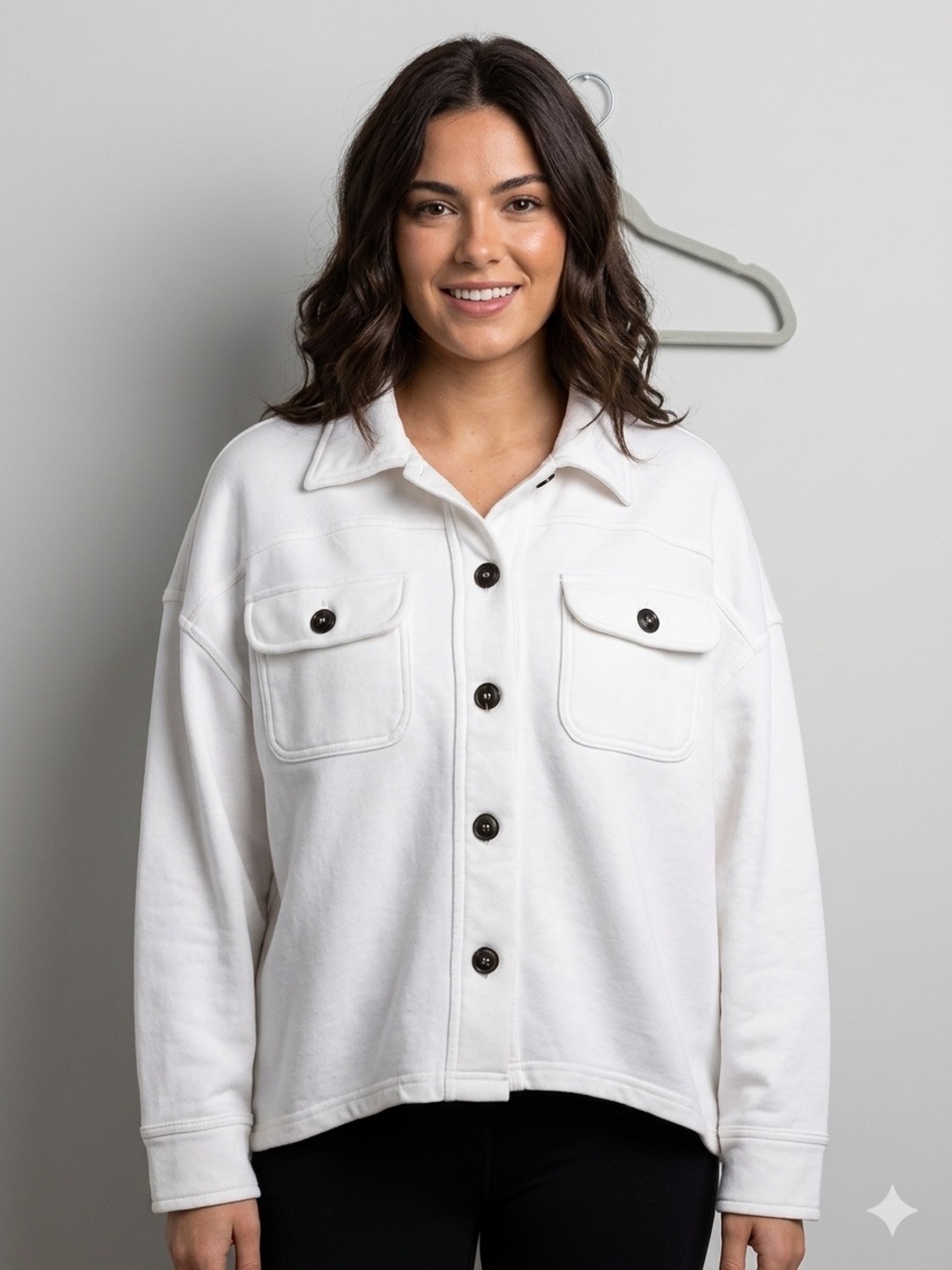 Women's White Button-Front Sweatshirt Jean Jacket with Chest Pockets